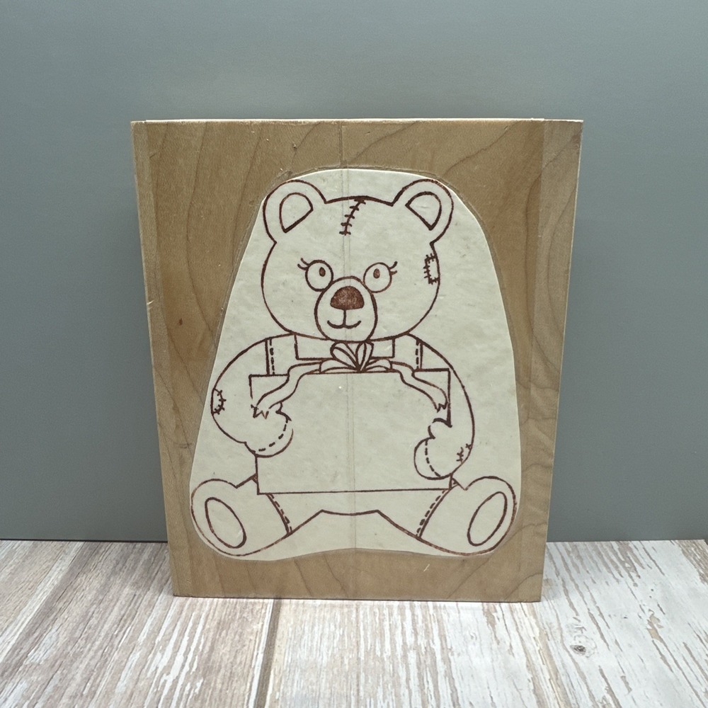 Teddy Bear Holding A Gift Box - Wood‎ Mounted Rubber Stamp
